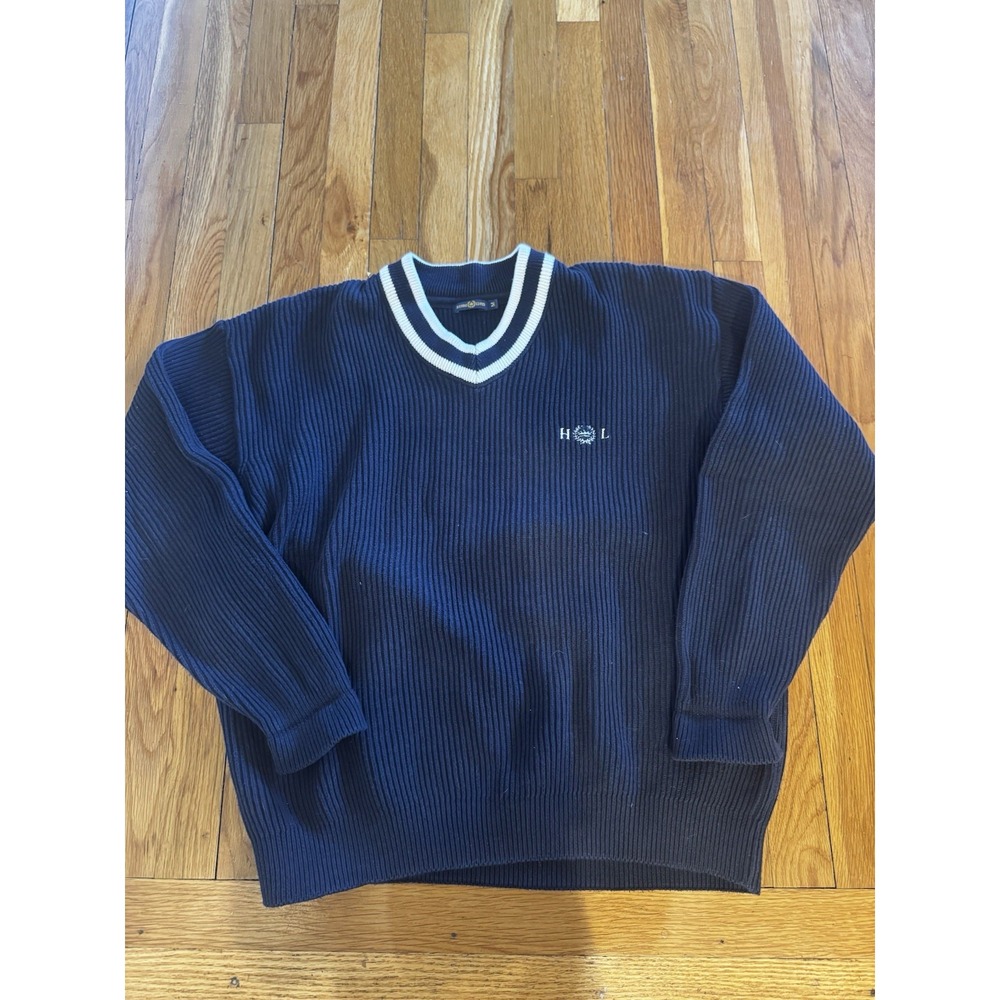 Henri Bendel Men's Navy Knit Scoop Neck Sweater Embroidered‎ M Pullover